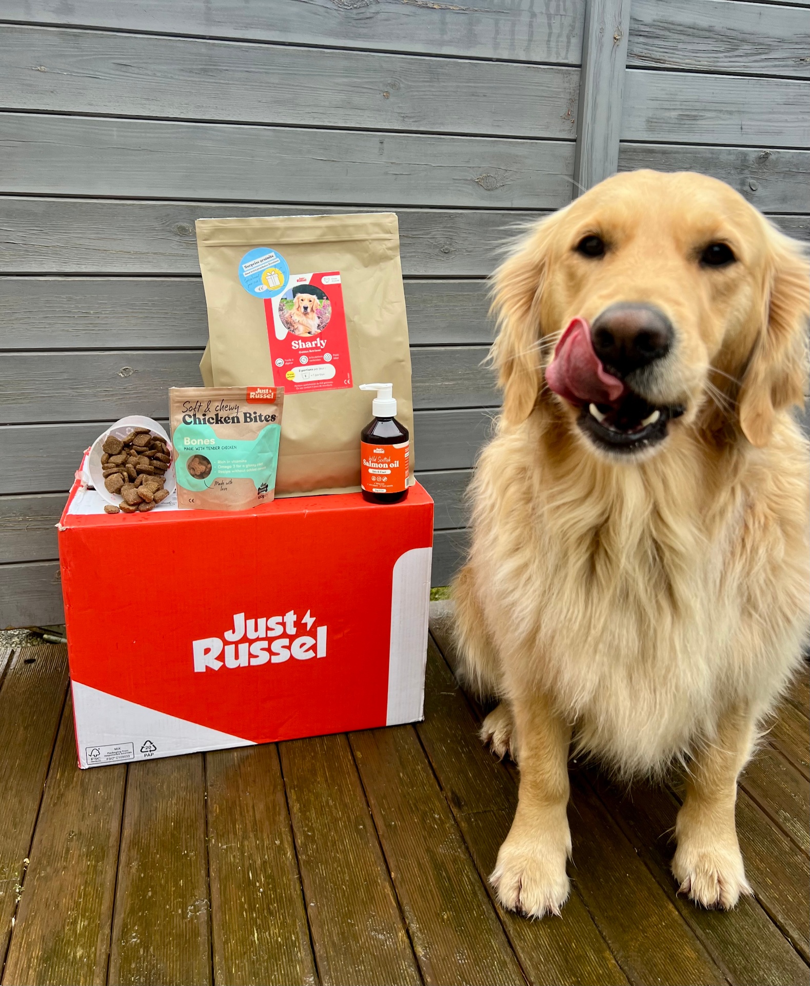 Golden retriever naast Just Russel-doos en verpakking